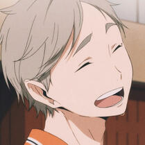 headshot of sugawara koushi from haikyuu, his head tilted slightly as he smiles with his eyes closed