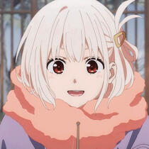 headshot of chisato from lycoris recoil. she is wearing a fluffy pink scarf and smiling at the viewer